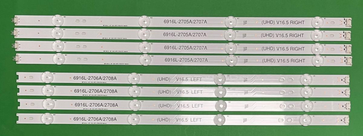 Led backlight strip for tv LG 49" UHD set 8pcs : 6916L-2705A UHD V16.5 RIGHT 1 X 2pcs & 6916L-2706A UHD V16.5 LEFT 1 X 2pcs & 6916L-2707A UHD V16.5 RIGHT 2 X 2pcs & 6916L-2708A UHD V16.5 LEFT 2 X 2pcs , AGF79047401 , AGF79047201